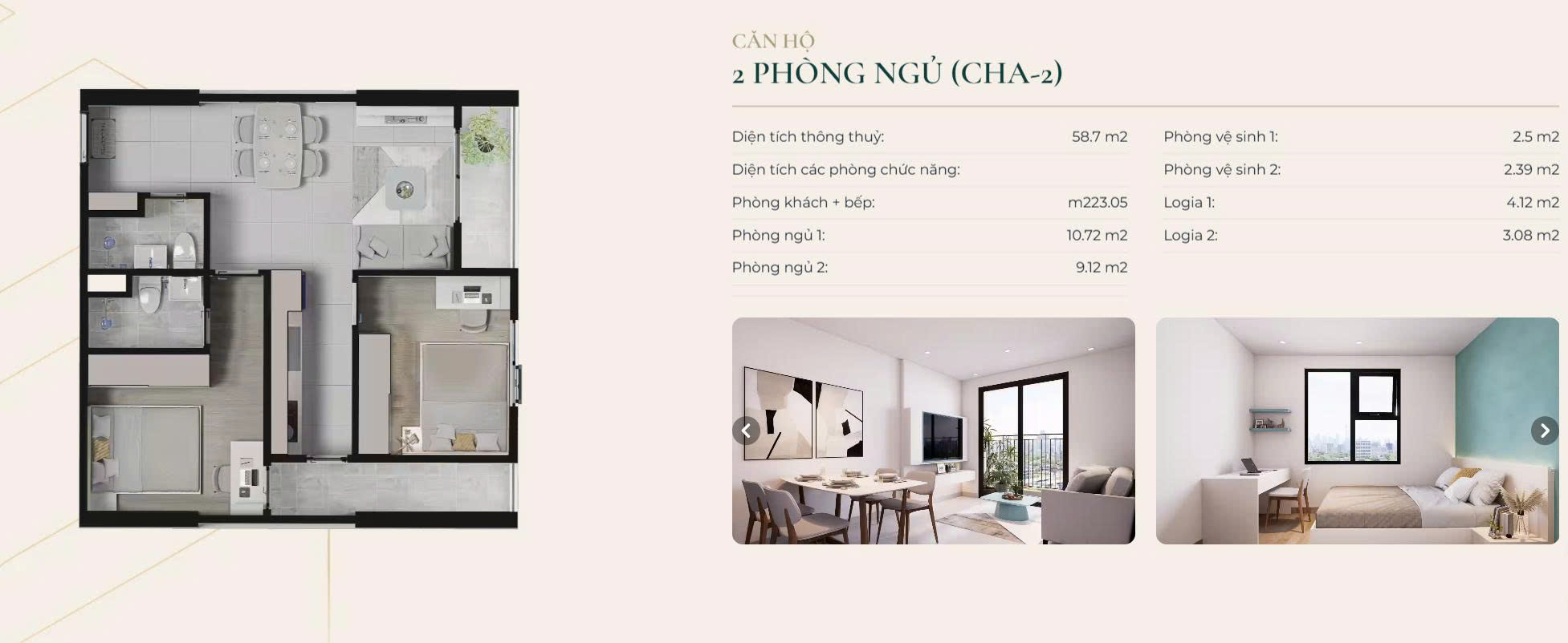 Thiết kế căn hộ điển hình 2 ngủ Evergreen Premium